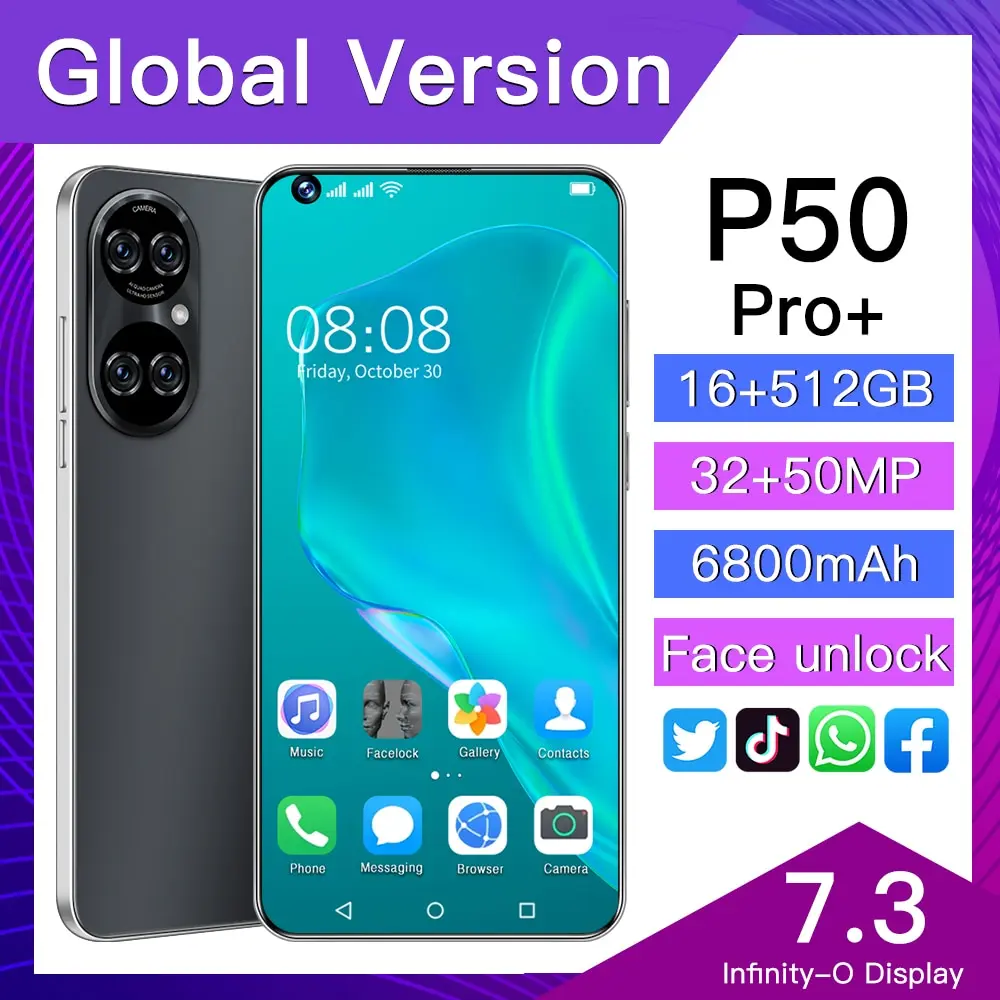 P50 Pro + 7.3 Inch Full Screen 16+512gb Face Unlock 5g Smart Phone 32+50mp 6800mah Andriod 11 Qualcomm 888 Gps Cell Phone
P50 Pro + 7.3 Inch Full Screen 16+512gb Face Unlock 5g Smart Phone 32+50mp 6800mah Andriod 11 Qualcomm 888 Gps Cell Phone