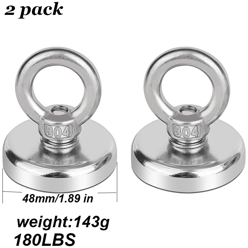 Neodymium Fishing Magnets 2 Pack, 180LBS Pulling Force Strong Round Rare Earth Magnet N52 with Countersunk Hole Eyebolt
Neodymium Fishing Magnets 2 Pack, 180LBS Pulling Force Strong Round Rare Earth Magnet N52 with Countersunk Hole Eyebolt