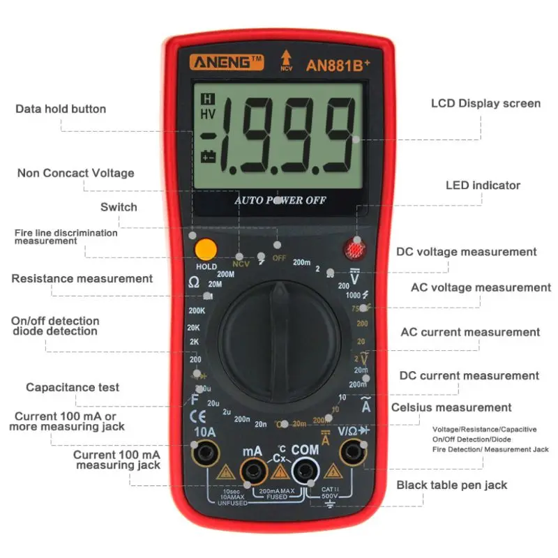 AN881B+ Digital Multimeter NCV AC DC Auto Tester Temprature Electrical Tester
AN881B+ Digital Multimeter NCV AC DC Auto Tester Temprature Electrical Tester