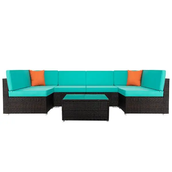 

【USA READY STOCK】Lake Blue Seven-Piece Modular Sofa ;PE Cane Iron Polyester Cloth Vertical Cotton Pp Cotton Tempered Glass