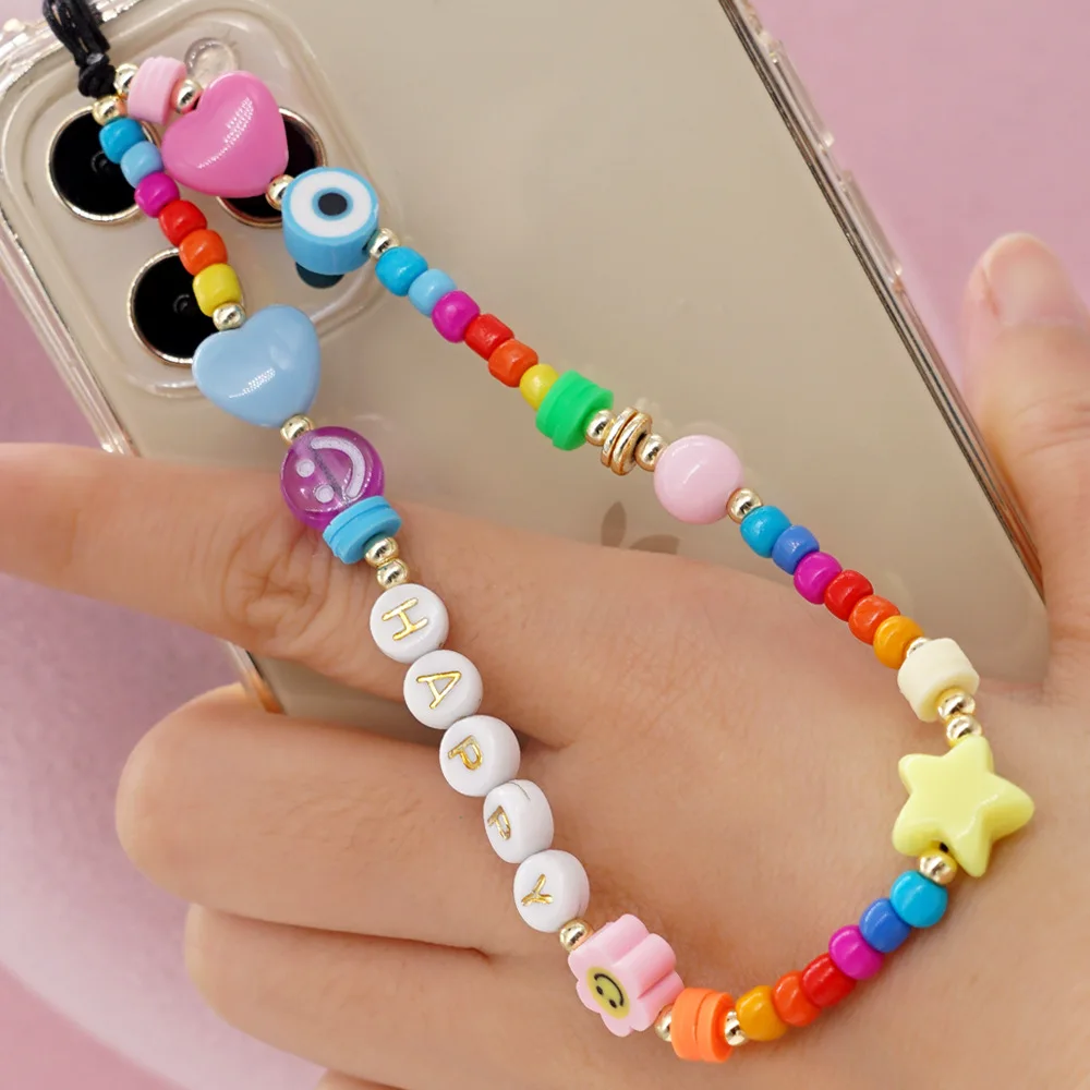 Personality Trend Love Heart Shaped Stars Colored Rice Beads Flowers Smiley Face HAPPY Letters Phone Chain Women Lanyard Jewelry
Personality Trend Love Heart Shaped Stars Colored Rice Beads Flowers Smiley Face HAPPY Letters Phone Chain Women Lanyard Jewelry