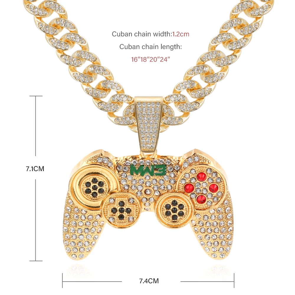 Men Women Hip Hop Iced Out Bling Chain Game Controller Handle Pendant Necklace Rhinestones Cuban Link Chain Fashion Cool Jewelry
Men Women Hip Hop Iced Out Bling Chain Game Controller Handle Pendant Necklace Rhinestones Cuban Link Chain Fashion Cool Jewelry