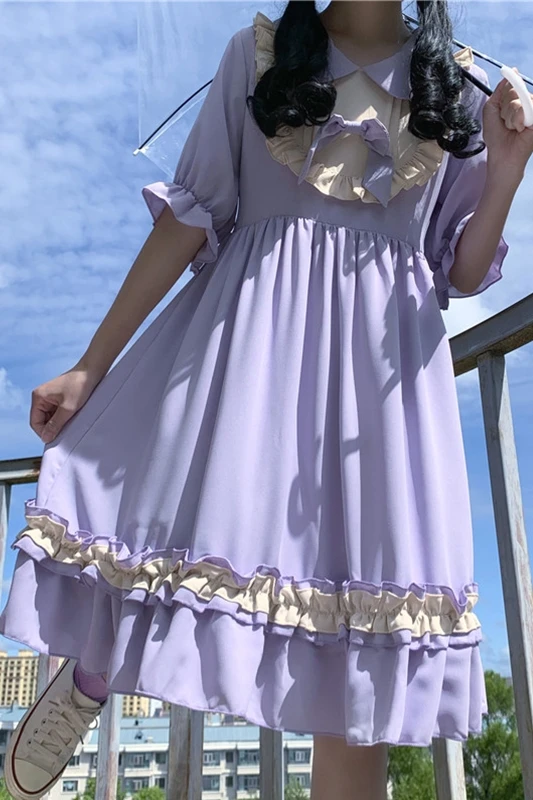 Japanese Sweet Doll Collar Stitching Bow High Waist Short Sleeve Ruffle Midi Dress Female Summer tea party black lolita dress
Japanese Sweet Doll Collar Stitching Bow High Waist Short Sleeve Ruffle Midi Dress Female Summer tea party black lolita dress