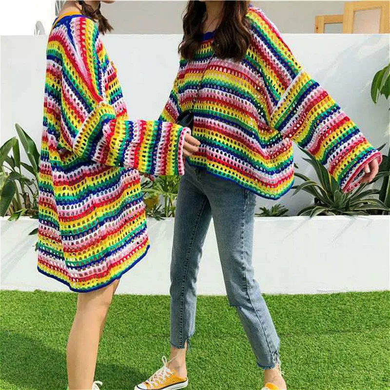 Sweaters Women Chic Rainbow Striped Ulzzang Lovely Trendy Ladies Knitwear Ins Preppy Hollow Out Design Harajuku Friends Sweater | Женская