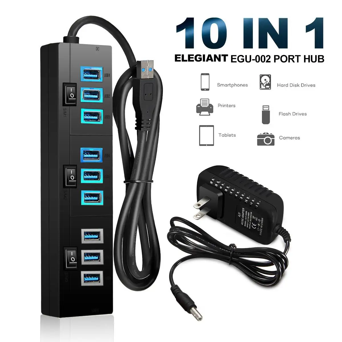 

10 in 1 Ports USB Hubs EGU-002 USB 3.0 HUB USB Splitter with Switch Power Supply Adapter 5V 4A For PC Computer Accessories