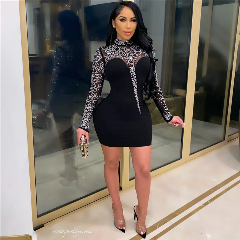 2021 Crystal Diamonds Sheer Mesh Patchwork See Through Party Dress Mock Neck Long Sleeve Bodycon Mini Night Club Dresses
2021 Crystal Diamonds Sheer Mesh Patchwork See Through Party Dress Mock Neck Long Sleeve Bodycon Mini Night Club Dresses