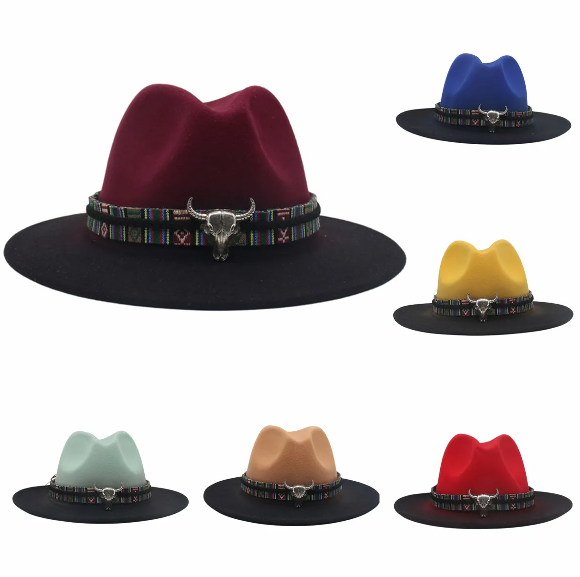 

Men Patchwork Retro Felt Panama Hat with Bull head Belt Buckle Women Wool Wide Brim Fedora Hat Jazz Cap Trilby Cap wholesale