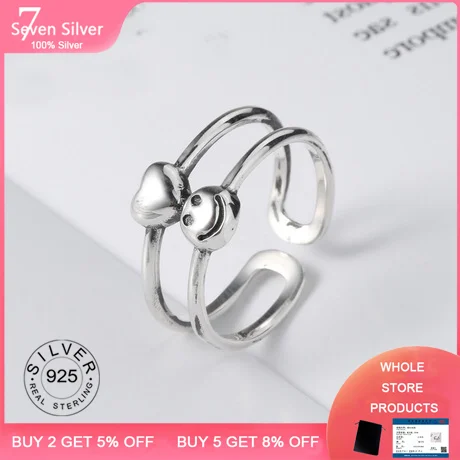 

smile face 925 sterling silver rings for women vintage fine jelwery Multilayer open adjustable trendy Silver Jewelry Party Gifts