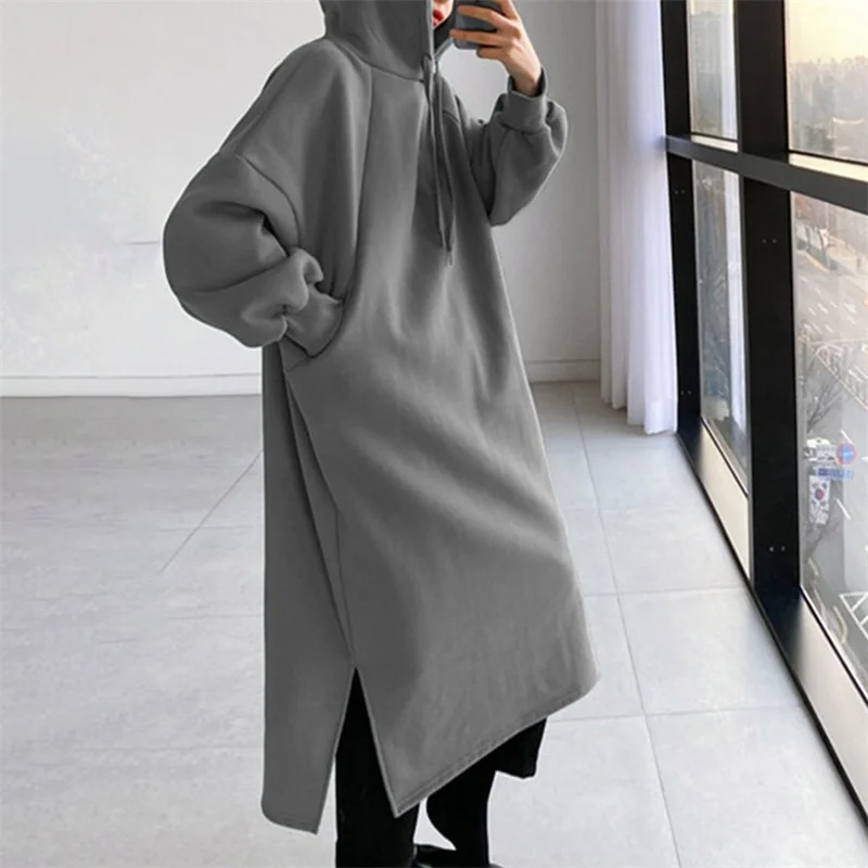 2021 Stylish Split Hooded Dress Women's Solid Color Autumn Sweatshirts Casual Long Sleeve Midi Female Hooded Robe
2021 Stylish Split Hooded Dress Women's Solid Color Autumn Sweatshirts Casual Long Sleeve Midi Female Hooded Robe