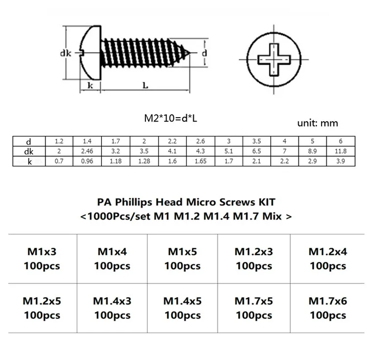1000pcs/set Black Head Tapping Screws Set M1 M1.2 M1.4 M1.7Carbon Steel laptop computer screw Phillips Screw kit
1000pcs/set Black Head Tapping Screws Set M1 M1.2 M1.4 M1.7Carbon Steel laptop computer screw Phillips Screw kit