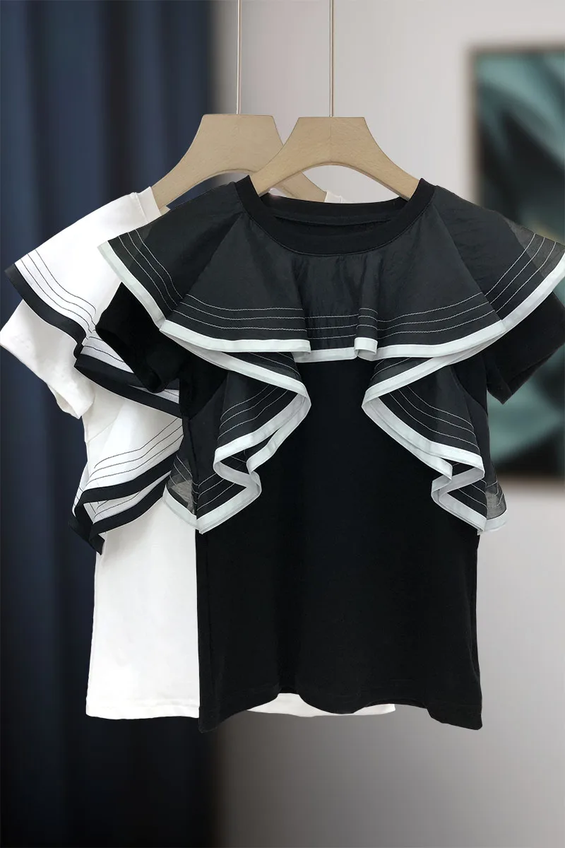 Summer Mesh Stitching Ruffled Collar T Shirt Women's Contrast Color Short Sleeve Casual White T Shirt Female Korean Loose Top
Summer Mesh Stitching Ruffled Collar T Shirt Women's Contrast Color Short Sleeve Casual White T Shirt Female Korean Loose Top