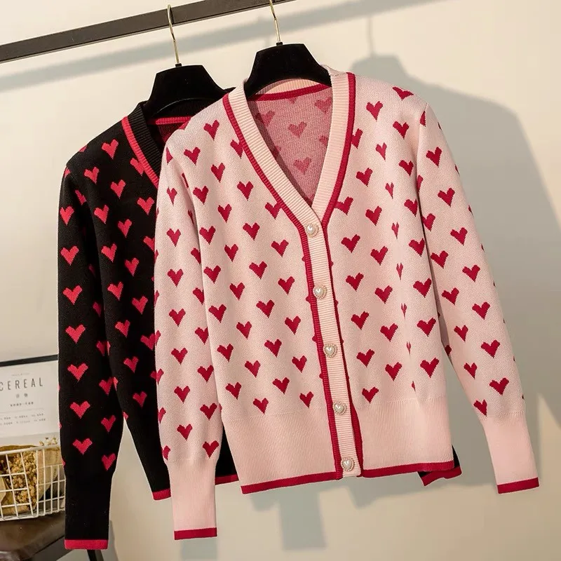 Preppy Style Pink Heart Knit Cardigans Intarsia Sweater Women V Neck Button Loose Elegaht Thicken Pull Femme Casual Coat Ladies 
Preppy Style Pink Heart Knit Cardigans Intarsia Sweater Women V Neck Button Loose Elegaht Thicken Pull Femme Casual Coat Ladies