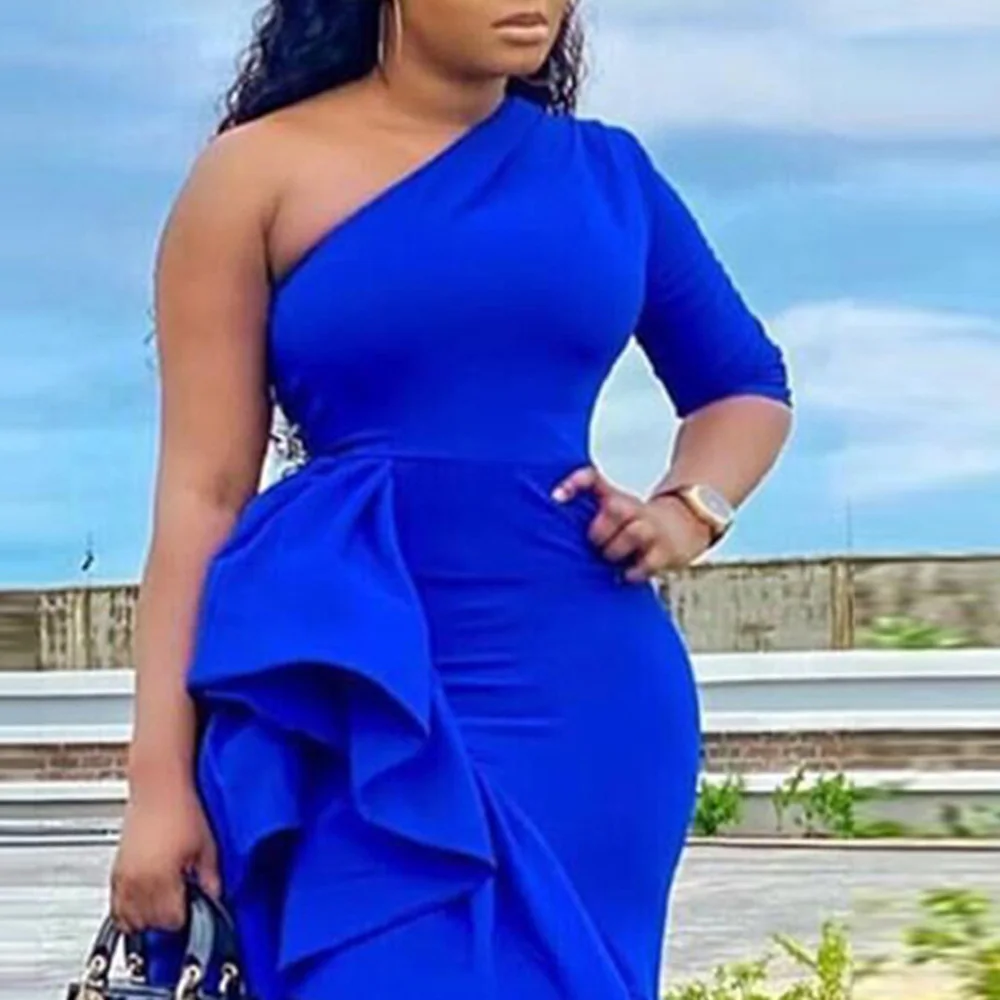 Blue Evening Party Dress Sexy One Shoulder High Waist Asymmetrical Ruffle Vestidos Falbala Elegant Women Dresses African Style
Blue Evening Party Dress Sexy One Shoulder High Waist Asymmetrical Ruffle Vestidos Falbala Elegant Women Dresses African Style