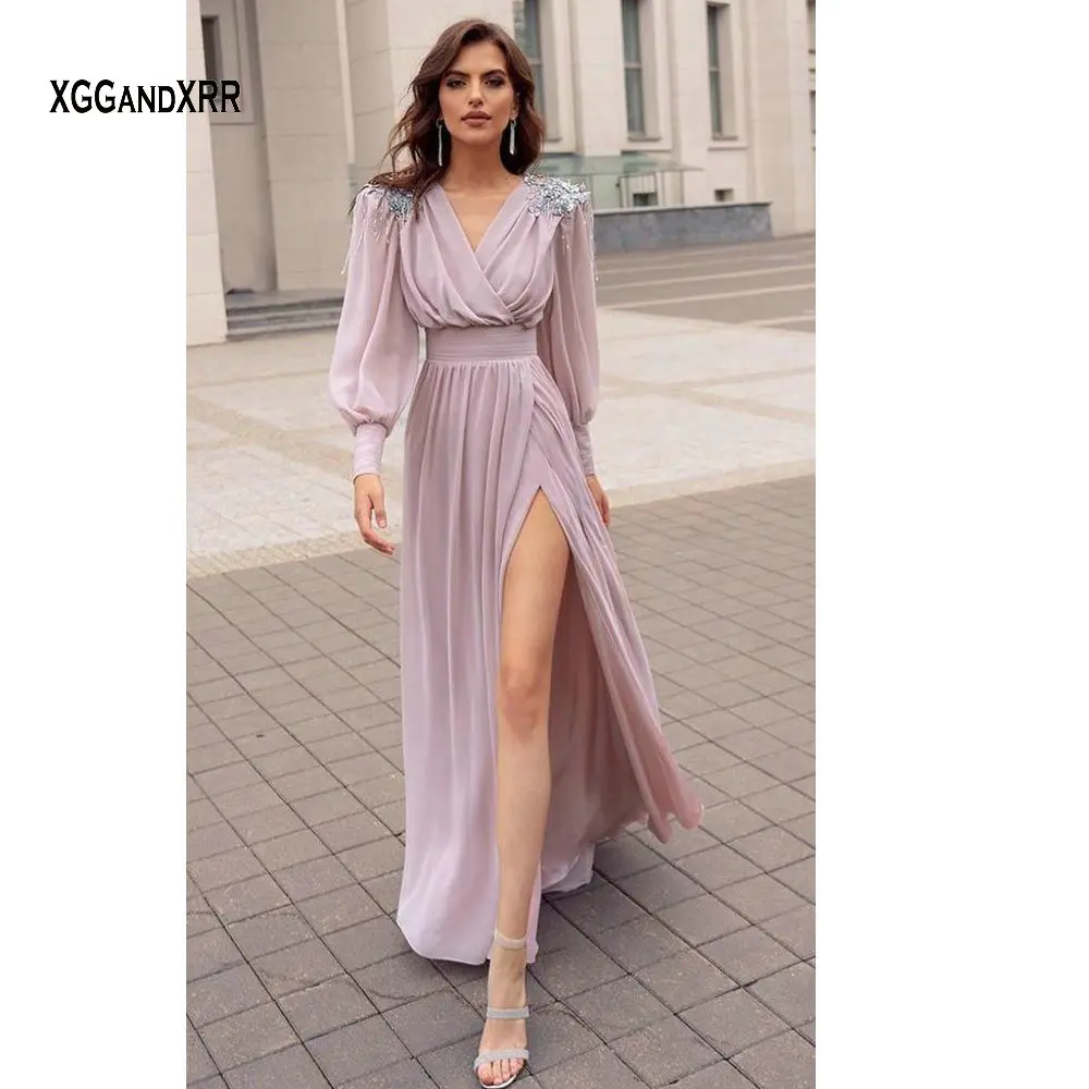 Elegant Sexy Straight Prom Dress 2021 Long Sleeves V Neck Sweep Train Formal Pink Beaed Evening Party Gown Backless Custom Made 
Elegant Sexy Straight Prom Dress 2021 Long Sleeves V Neck Sweep Train Formal Pink Beaed Evening Party Gown Backless Custom Made
