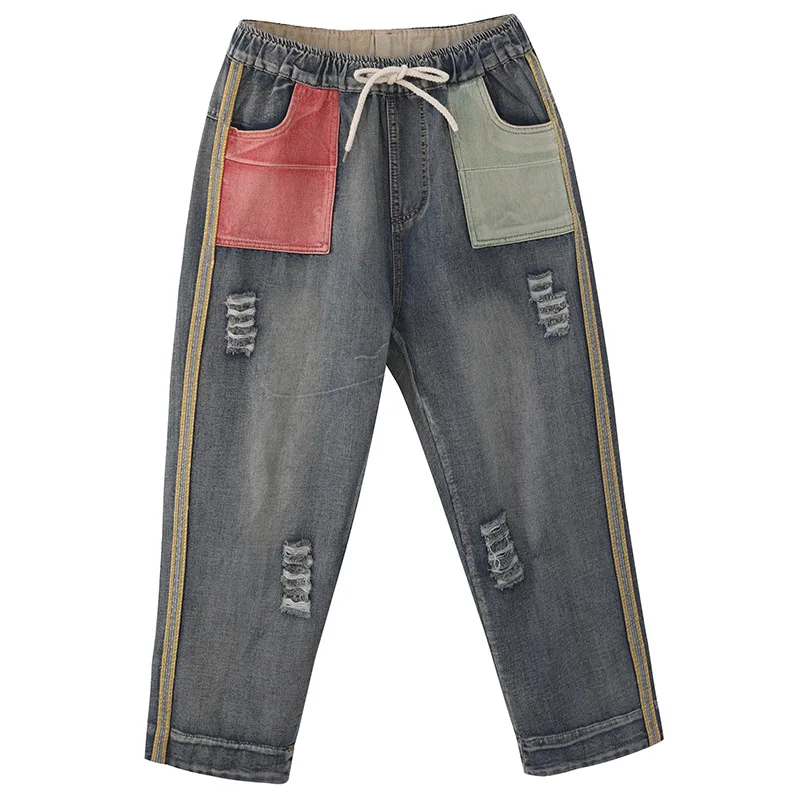 Korea Fashion Women Jeans Elastic Waist Loose Hole Vintage Denim Harem Pants Patchwork pocket Ripped Jean Pants Top quality D116
Korea Fashion Women Jeans Elastic Waist Loose Hole Vintage Denim Harem Pants Patchwork pocket Ripped Jean Pants Top quality D116