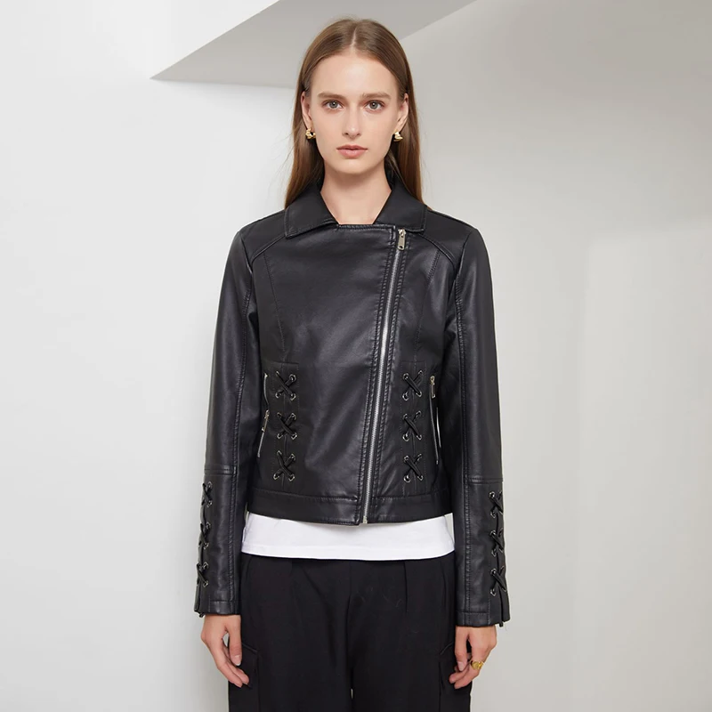 Spring Autumn Turn-down Collar Slim Short PU Leather Coat Zipper Moto Bike Bandage Weave Outwear Women Faux Leather Jacket
Spring Autumn Turn-down Collar Slim Short PU Leather Coat Zipper Moto Bike Bandage Weave Outwear Women Faux Leather Jacket