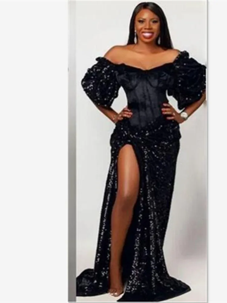 Aso Ebi Black Off The Shoulder Prom Dresses Plus Size Sequined High Split Evening Gowns African Style Robe De Soiree Party Dress
Aso Ebi Black Off The Shoulder Prom Dresses Plus Size Sequined High Split Evening Gowns African Style Robe De Soiree Party Dress