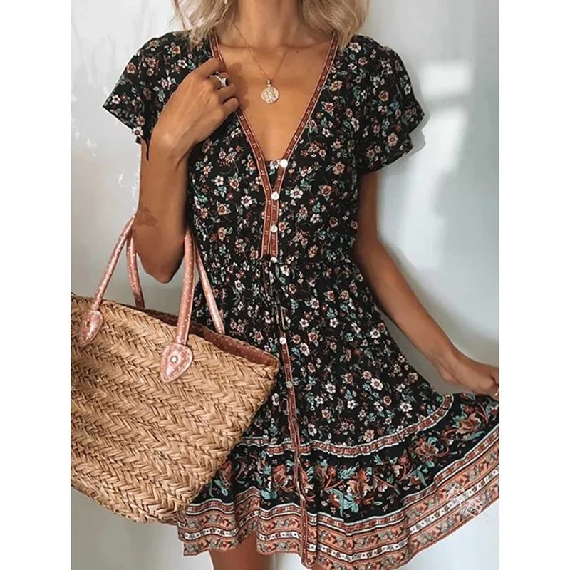 WEPBEL Fashion Floral Print Women Dress V Neck Short Sleeve Button Long Mini Dress Boho Evening Party Dress Beach Dress Sundress
WEPBEL Fashion Floral Print Women Dress V Neck Short Sleeve Button Long Mini Dress Boho Evening Party Dress Beach Dress Sundress