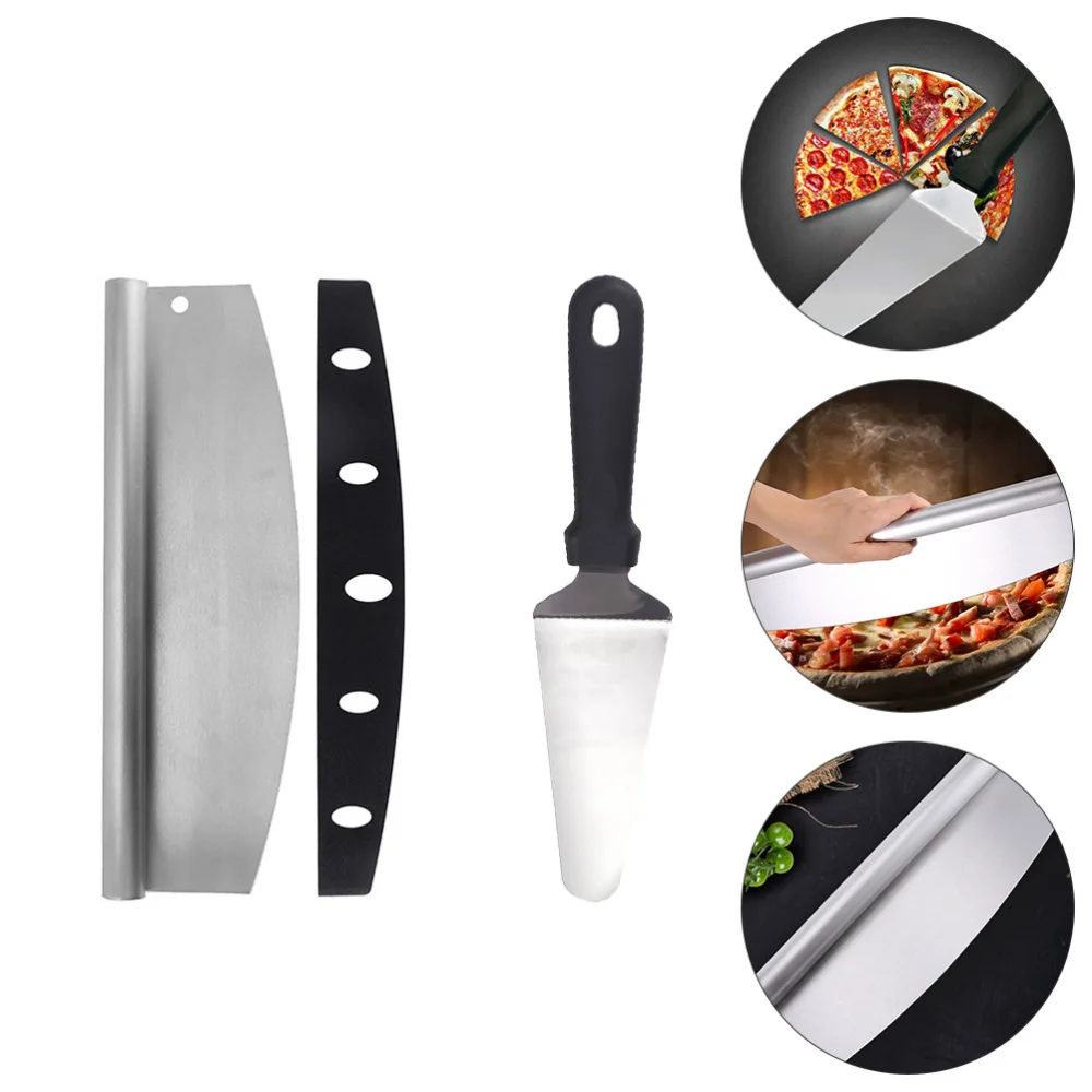 1 Set 2Pcs Pizza Spatula Stainless Steel Pizza Cutter Slicer Set (Silver Black)