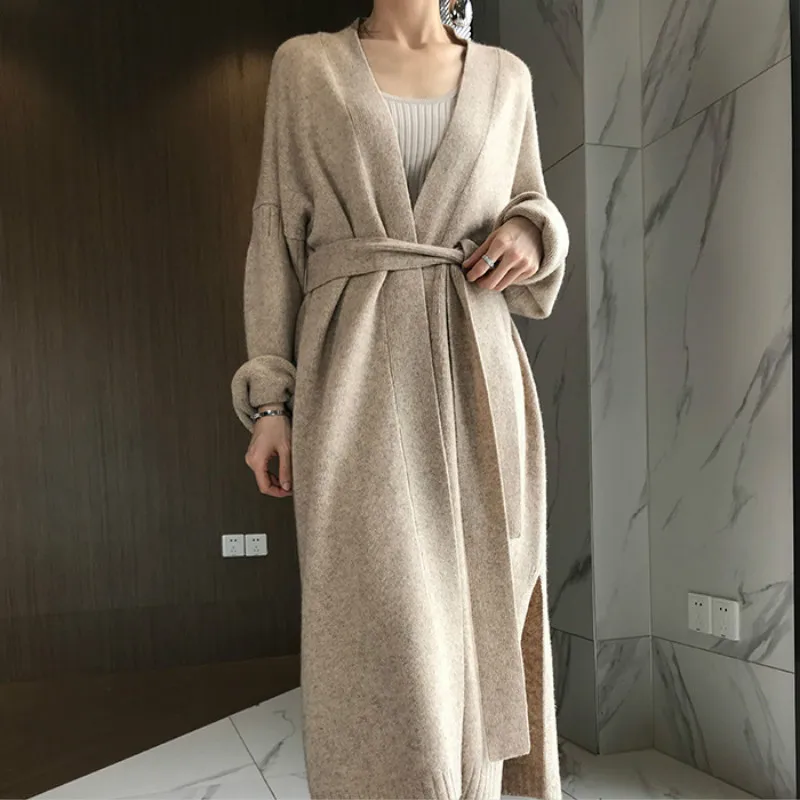 2021 Women Autumn Winter Long Cashmere Knitted Cardigan Sweater Sashes Open Stitch Oatmeal Color Split Hem Crochet Outerwear
2021 Women Autumn Winter Long Cashmere Knitted Cardigan Sweater Sashes Open Stitch Oatmeal Color Split Hem Crochet Outerwear