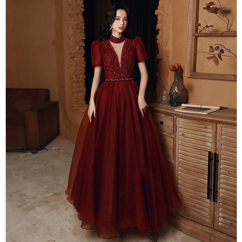 Wine Red Evening Dresses Stand Collar Puff-sleeve Evening Gown Sexy Illusion Elegant Dress Party Robe De Soiree Custom Made
Wine Red Evening Dresses Stand Collar Puff-sleeve Evening Gown Sexy Illusion Elegant Dress Party Robe De Soiree Custom Made