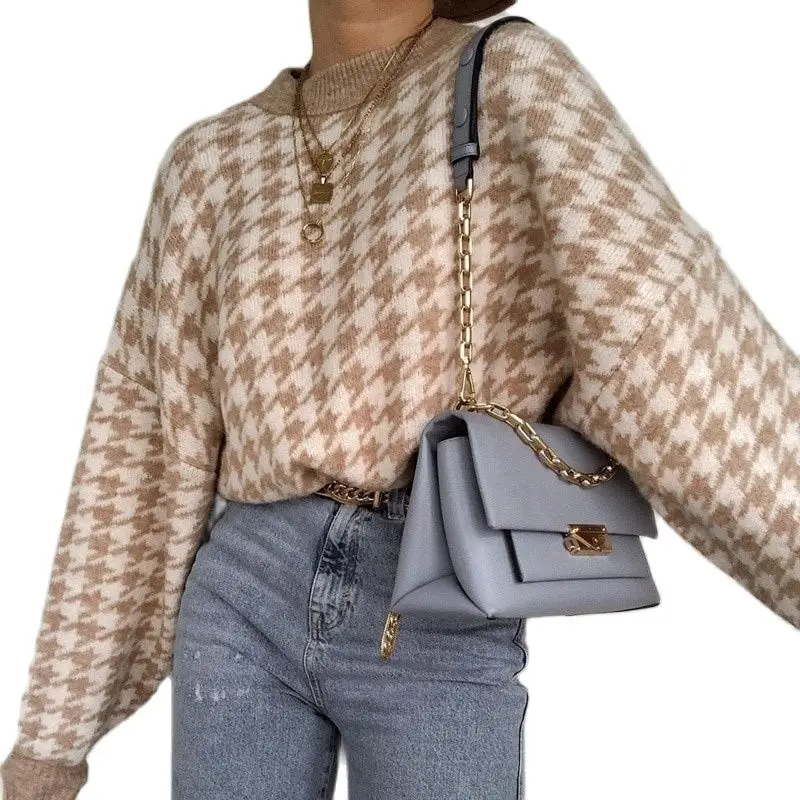2021Women Geometric Khaki Knitted Sweater Women Casual Houndstooth Pullover Sweater Female Winter Retro Jumper Fall Women
2021Women Geometric Khaki Knitted Sweater Women Casual Houndstooth Pullover Sweater Female Winter Retro Jumper Fall Women