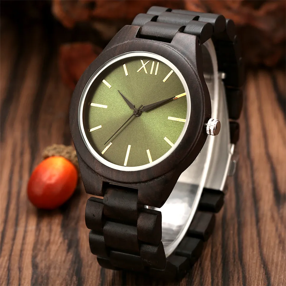 

Dark Green Round Dial Men Watch Quartz Natural Wooden Bangle Male Wristwatch Black Analog Display Wood Timepiece Folding Clasp