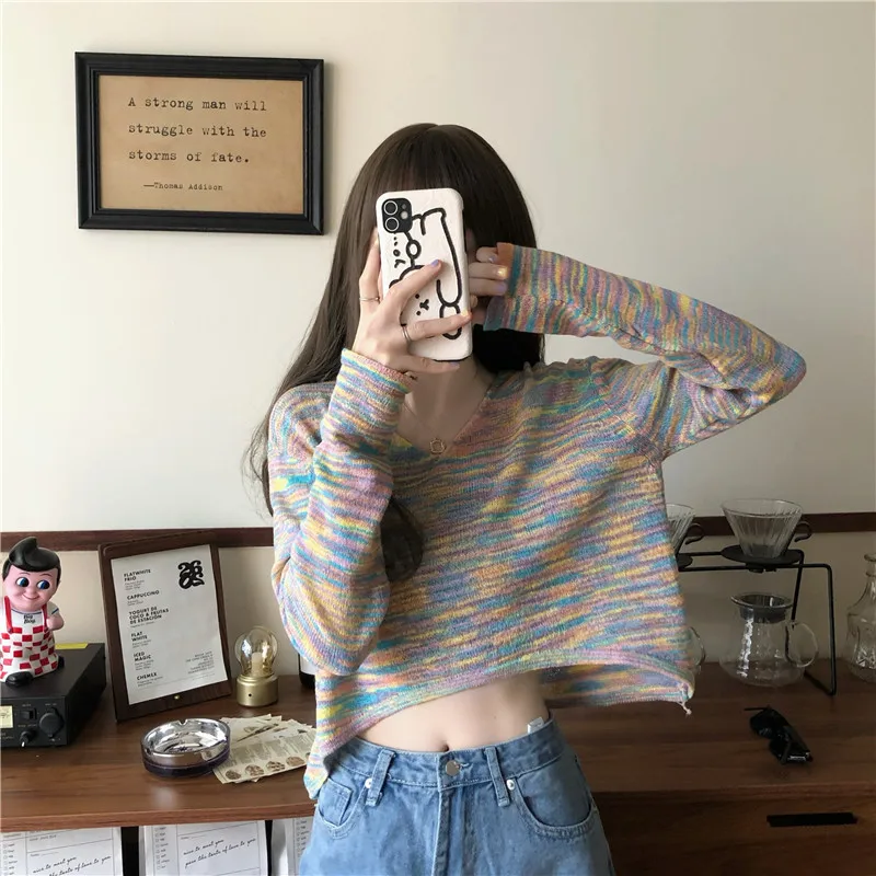 3 Colors Pullover Women Sweaters Loose Sweater Rainbow Color Knit Sweater Sexy V-neck Knitted Top Jumpers
3 Colors Pullover Women Sweaters Loose Sweater Rainbow Color Knit Sweater Sexy V-neck Knitted Top Jumpers