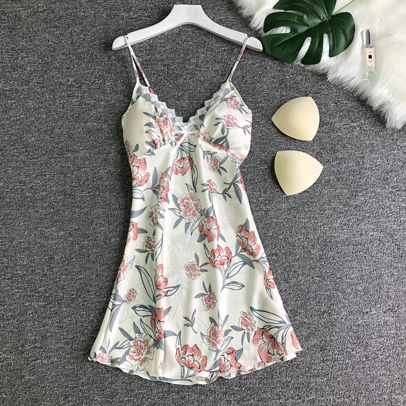 Women Deep V sexy ice silk Nightgowns Sleepshirts halter women with chest pad lace trim printed suspender nightdress SJ019
Women Deep V sexy ice silk Nightgowns Sleepshirts halter women with chest pad lace trim printed suspender nightdress SJ019
