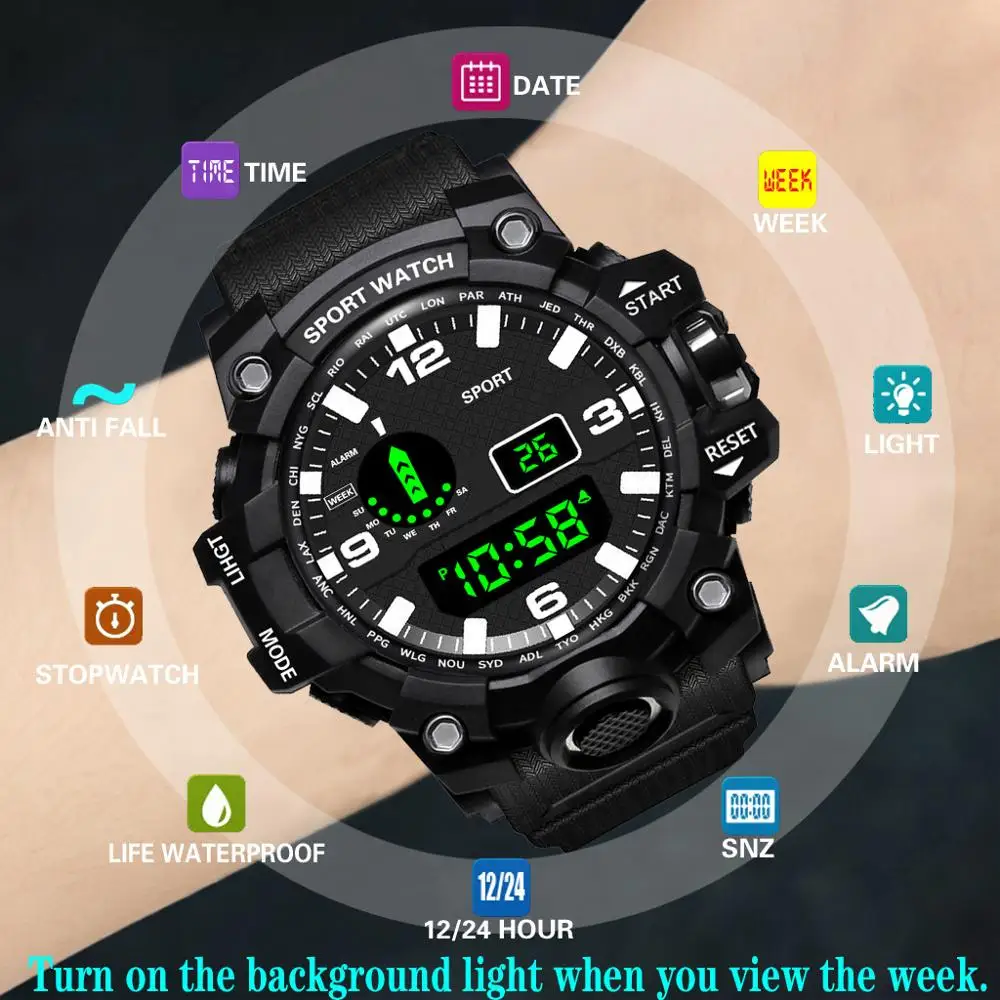 Цифровые часы мужские водонепроницаемые военные с силиконовым ремешком и