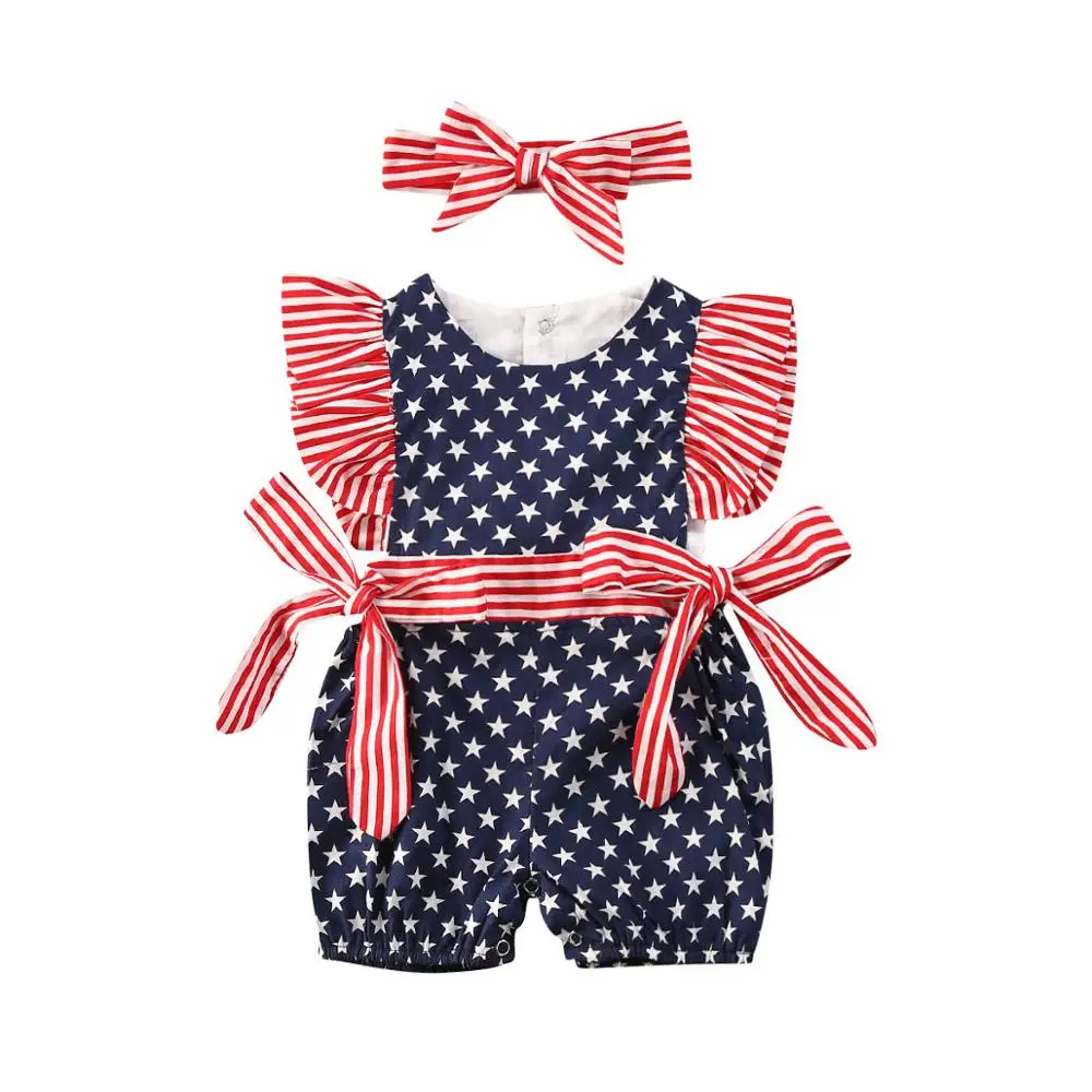 

Baby Summer Clothing Girl Independence Day Fly Sleeve Stars & Stripes Romper Headband Jumpsuits Clothes 0-24M