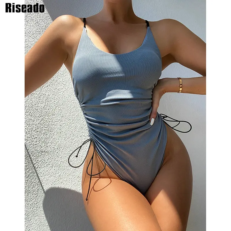 

Riseado Ribbed One Piece Swimsuits Drawstring Swimwear Women 2021 High Cut Bathing Suits Knotted Swim Suit Ruched Swim Wear New