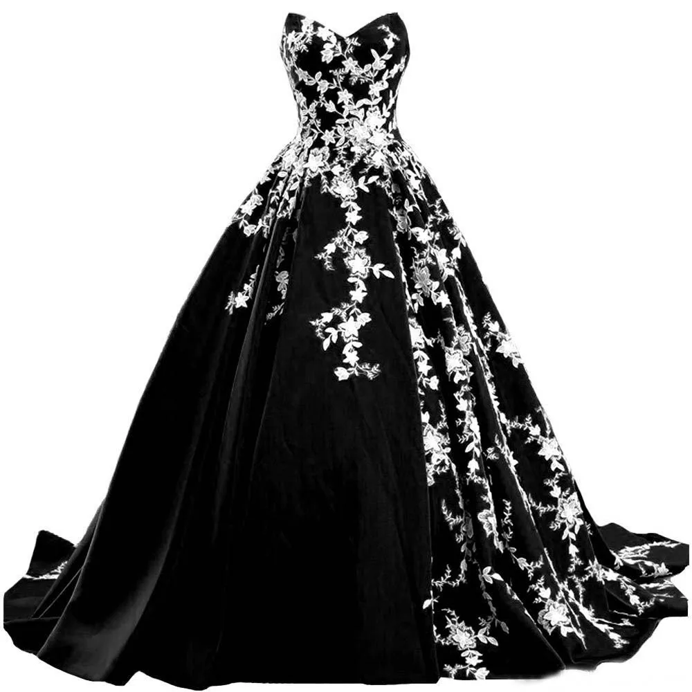 New White Applique Black Satin Wedding Dresses Bridal Gowns Wed Party Events A Line V-Neck Lace up Custom | Свадьбы и торжества