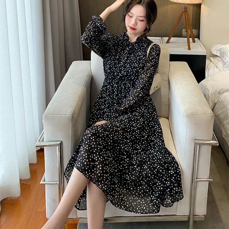 Spring Autumn Women's Long Sleeve Floral Chiffon Dress With Lining Bow Single Breasted Pleated Bottoming Dresses Female Vestidos
Spring Autumn Women's Long Sleeve Floral Chiffon Dress With Lining Bow Single Breasted Pleated Bottoming Dresses Female Vestidos