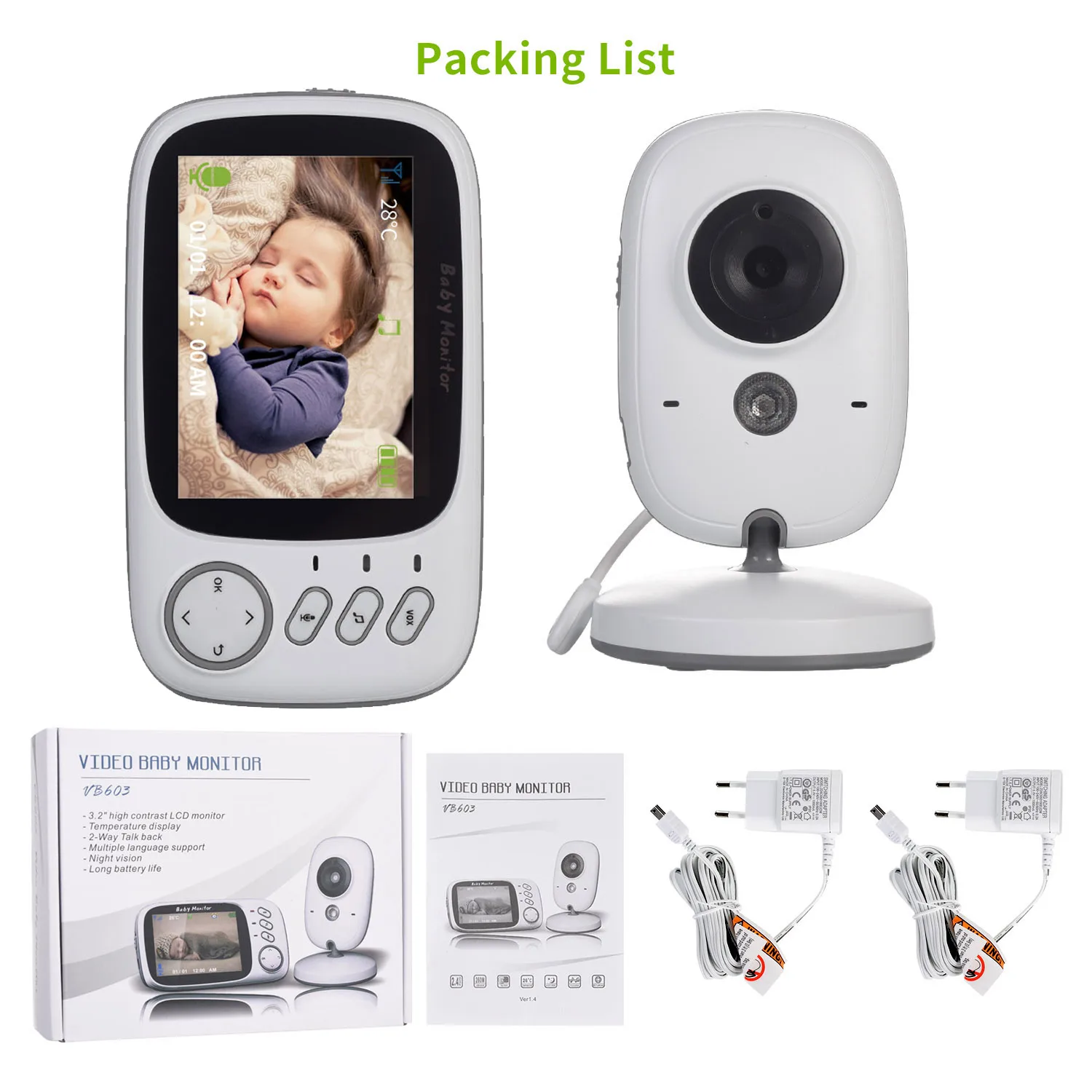 Wireless Baby Monitor 3.2 inch LCD IR Night Vision 2 way Talk 8 Lullabies Temperature monitor video nanny radio baby camera
Wireless Baby Monitor 3.2 inch LCD IR Night Vision 2 way Talk 8 Lullabies Temperature monitor video nanny radio baby camera