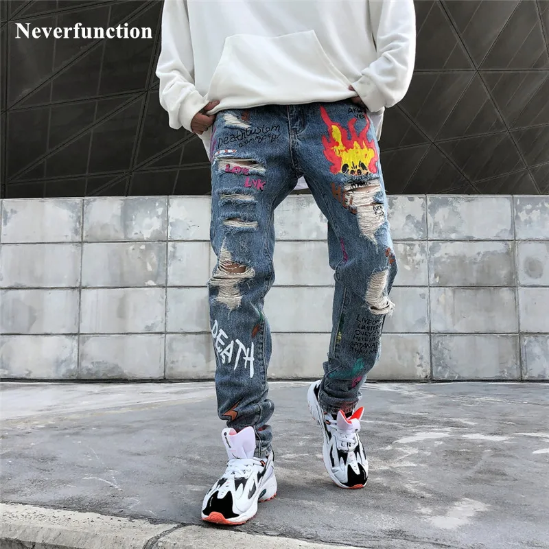 

Men Streetwear graffiti printed Ripped Beggar skinny Jeans Hipster Hip hop Distressed Knee Holes Joggers jeans Denim Trousers