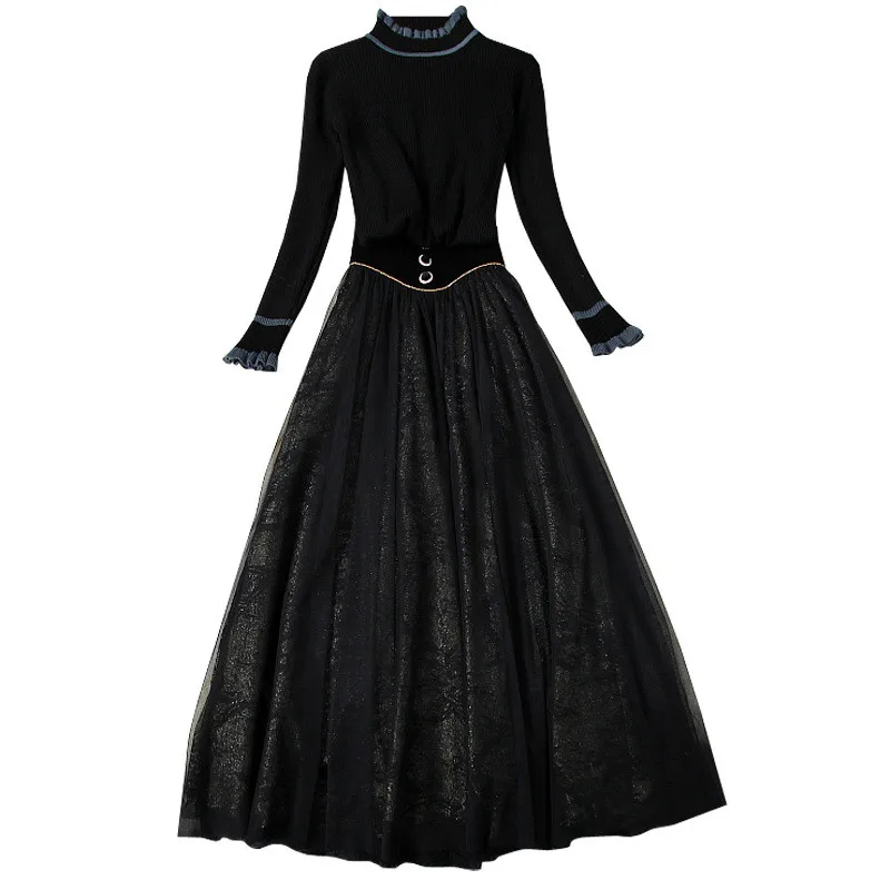 Winter Women Set Full Sleeve Stand Collar Pullover Mesh Lace Big Swing Skirt 2 Piece Set Women Elegant Black Patry Dress Set
Winter Women Set Full Sleeve Stand Collar Pullover Mesh Lace Big Swing Skirt 2 Piece Set Women Elegant Black Patry Dress Set