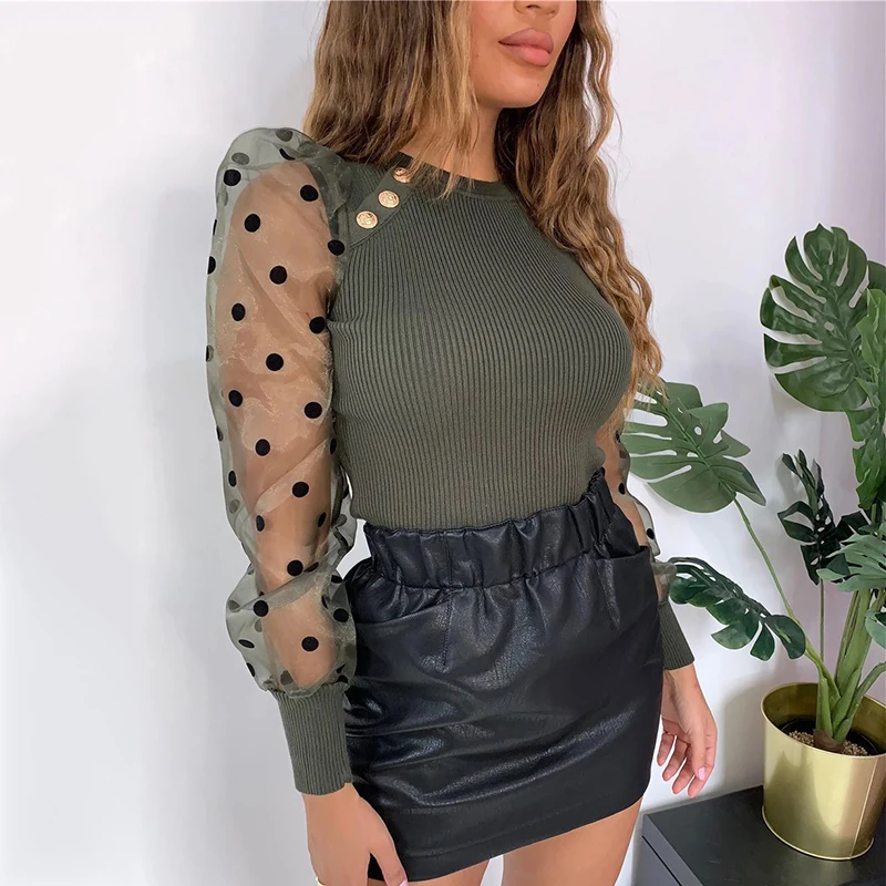 Wipalo Spring Autumn Women Sexy Shirts O-Neck Long Puff Sleeve Casual Solid Tops Bodycon Pullover Dot Sequins Mesh Female Blouse | Женская