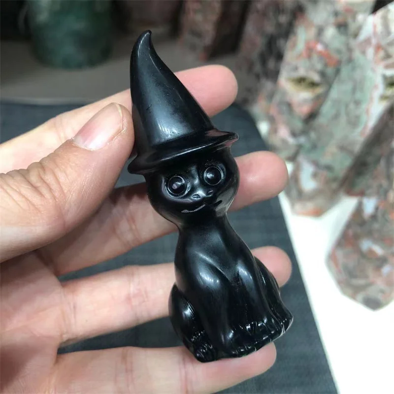 Obsidian Cat Natural Stones Quartz Crystal Carved Wizard Hat Gemstones Crafts Decoration
Obsidian Cat Natural Stones Quartz Crystal Carved Wizard Hat Gemstones Crafts Decoration