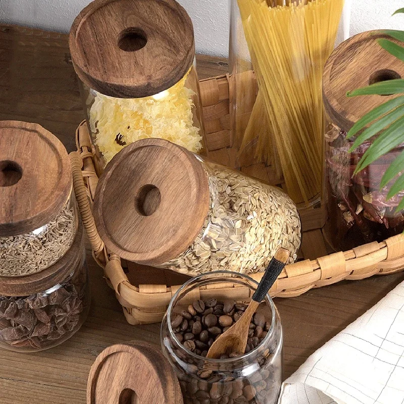 Glass Storage Bottle Container Wooden Lid Sealed Moisture-proof Jar Coffee Bean Pasta Grain Oatmeal Kitchen | Дом и сад