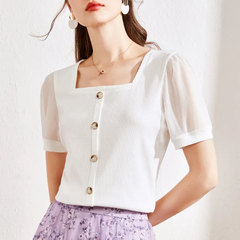Summer Batchwork Mesh Tshirts Women Casual Vintage Square Neck Button Short Sleeve T-shirts Women's Sweet Slim Colthes Tops 
Summer Batchwork Mesh Tshirts Women Casual Vintage Square Neck Button Short Sleeve T-shirts Women's Sweet Slim Colthes Tops