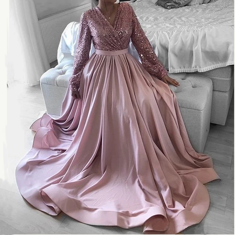 

V Neck Elegant Sequined Bodice Women Formal Party Dresses Arabic Muslim Long Sleeve Satin Evening Prom Gown 2021