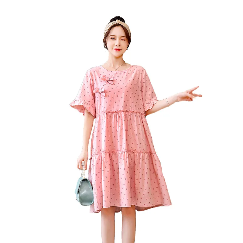 

Летнее хлопковое платье для беременных, розовое, желтое, с коротким рукавом, с круглым вырезом, длиной до колен, свободного покроя, Корейская...