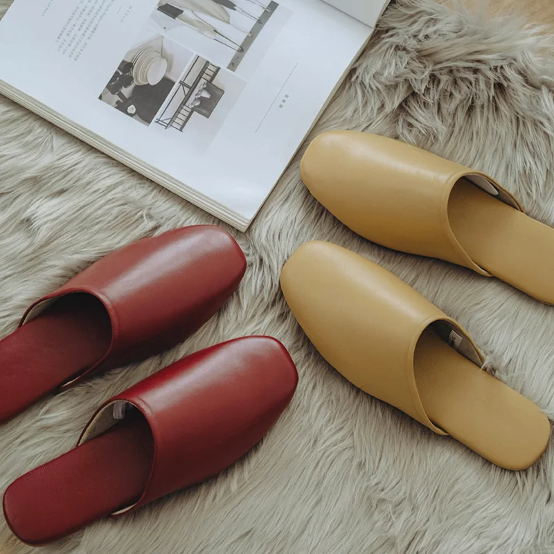 

Flat Shoes Genuine Leather Slippers Home Office Mute Silent Soft Sole Sheepskin Slippers Fashion Mules Slip On Sandals AD158