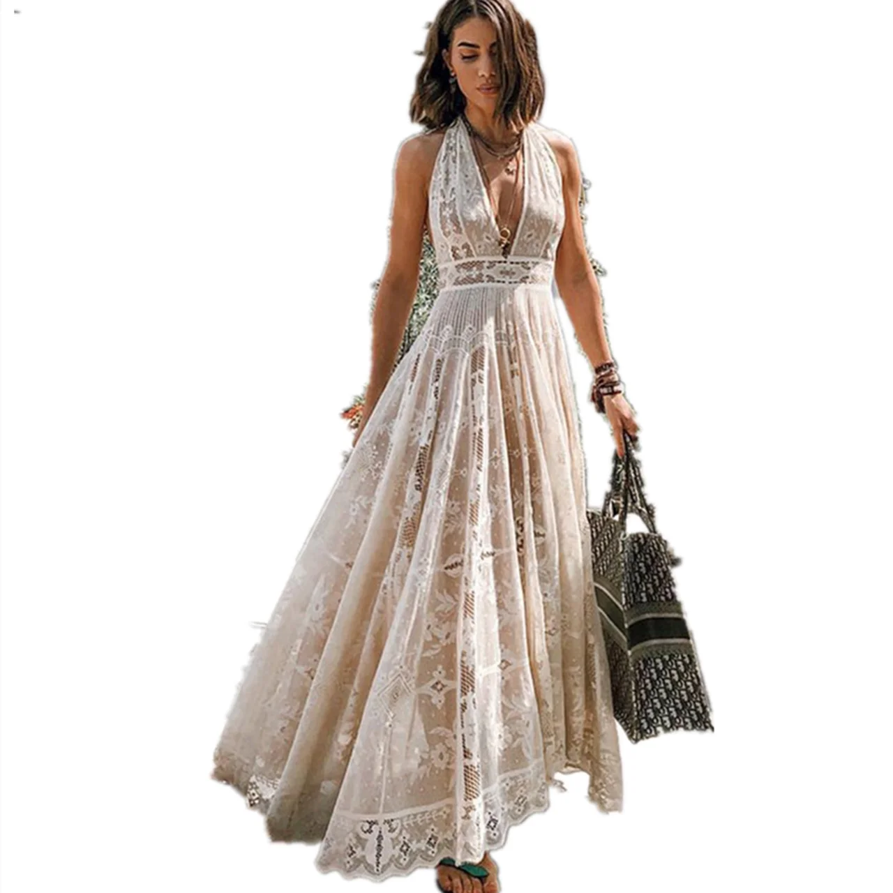 Temperament women's sexy halter neck fashion splicing lace dress ladies spring new mesh halter neck large swing dress
Temperament women's sexy halter neck fashion splicing lace dress ladies spring new mesh halter neck large swing dress