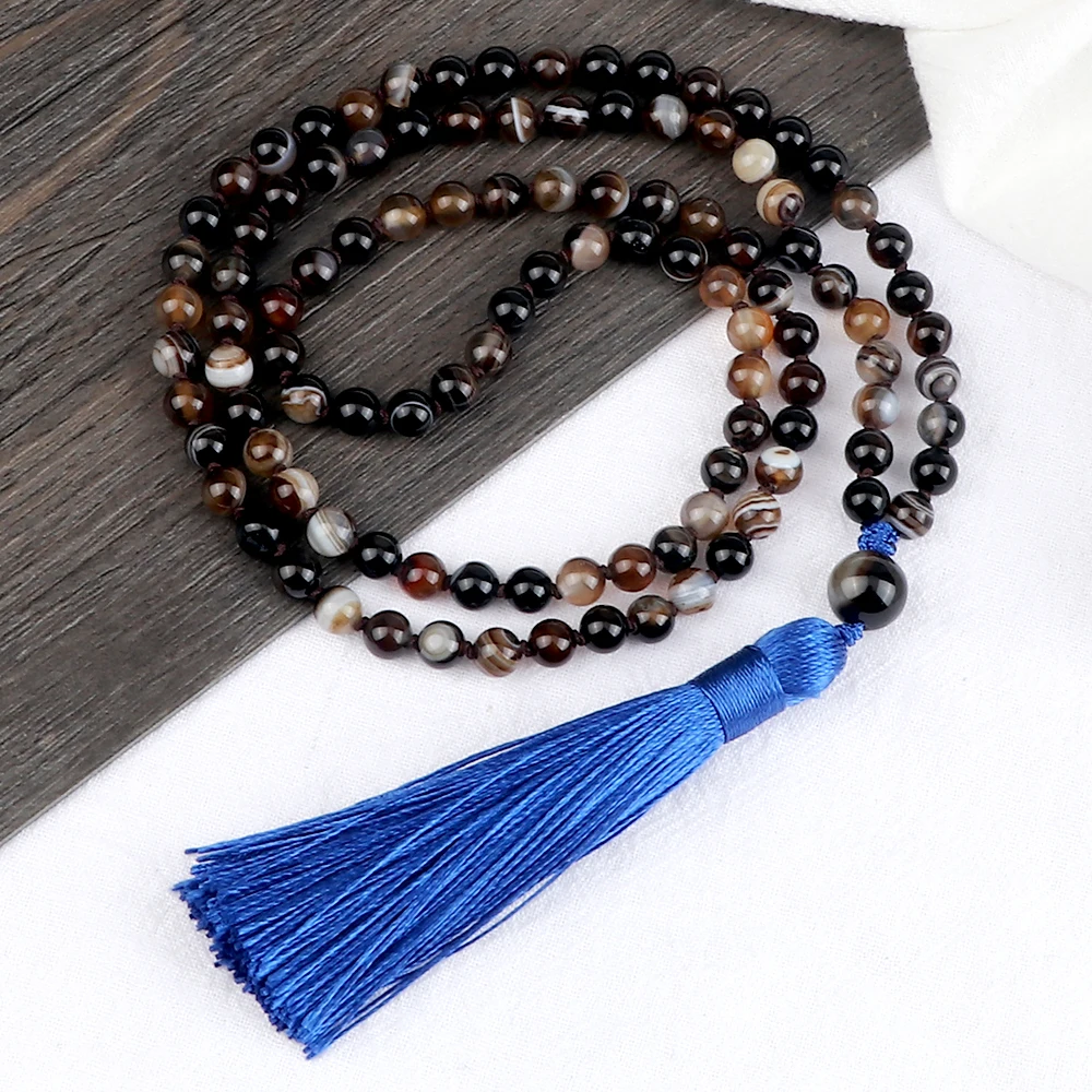 

6MM Black Striped Agate Beaded Bracelet Charm 108 Beads Meditation Necklace Natural Stone Onyx Bangles Tassel Pendant Pulsera