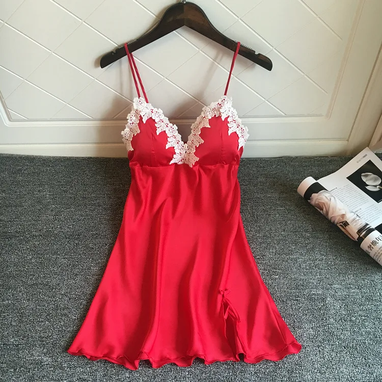 Summer New Blue V-neck Spaghetti Strap Nightdress Lace Flower Nightgown Bowknot Sleepwear Satin Sexy Home Dress M-XL | Женская одежда