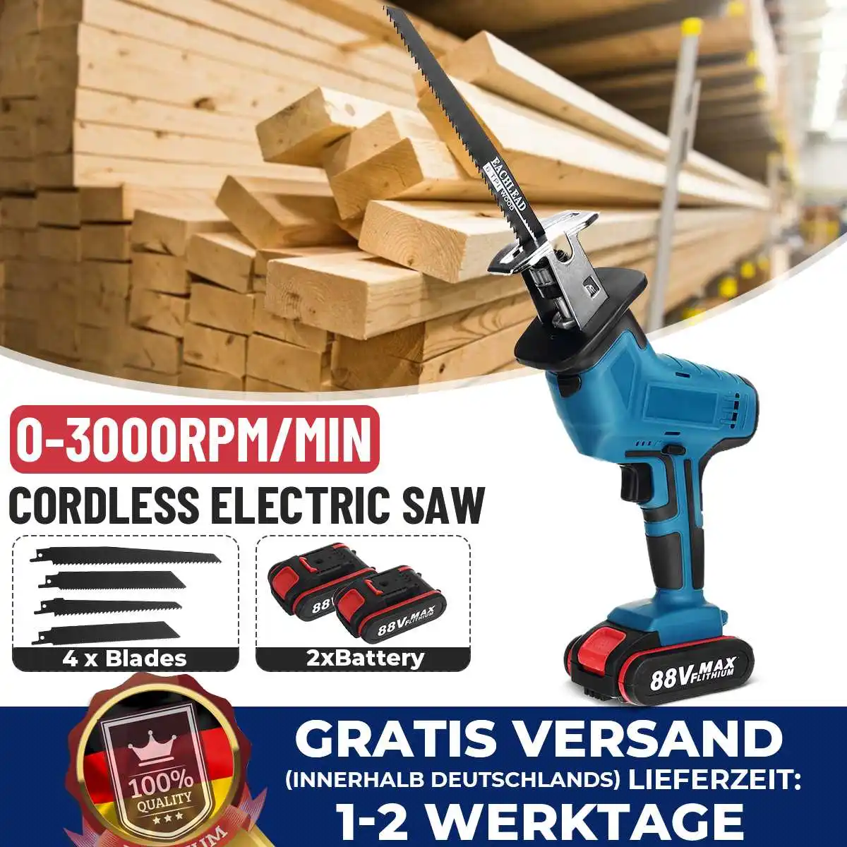 NEW Cordless Reciprocating Saw 88V Chainsaw Wood Cutting Reciprocating Saw Power Tool W/ 1/2 Batteries Rechargeable Electric Saw
NEW Cordless Reciprocating Saw 88V Chainsaw Wood Cutting Reciprocating Saw Power Tool W/ 1/2 Batteries Rechargeable Electric Saw