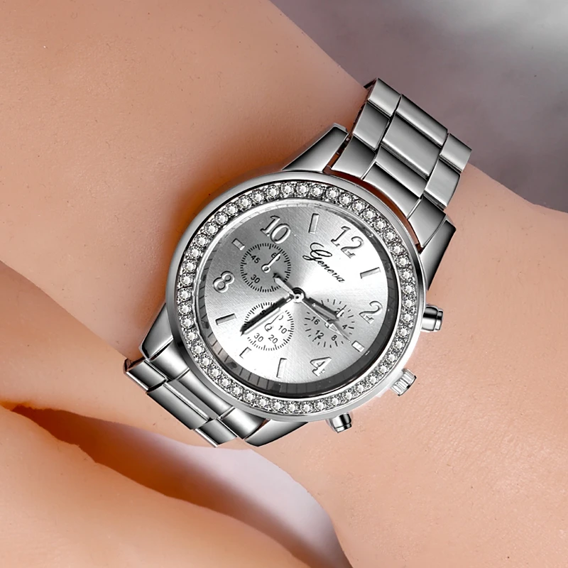 Женские Серебристые часы модные женские кварцевые роскошные наручные Стразы |