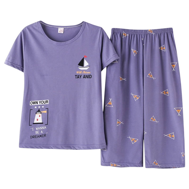 Summer Knitted Cotton Puple Pajamas Sets Women Pyjamas Sleepwear Nightwear Pijama Mujer Plus Size Calf-Length Pants Homewear
Summer Knitted Cotton Puple Pajamas Sets Women Pyjamas Sleepwear Nightwear Pijama Mujer Plus Size Calf-Length Pants Homewear